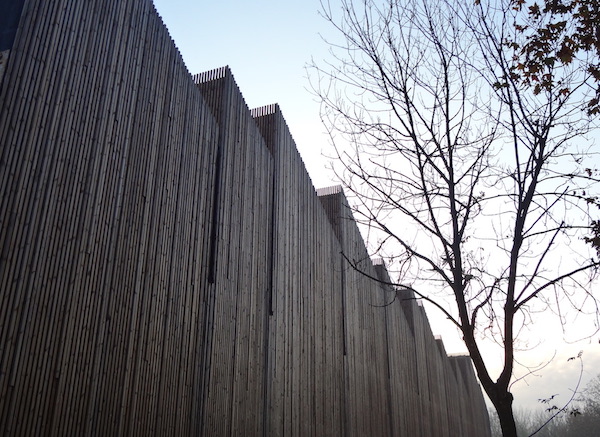 Edificio legno sede arpa, dettaglio dei listelli di legno della facciata
