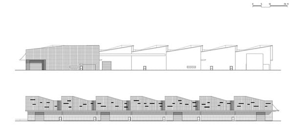 Edificio industriale legno oggiona, prospetto est e ovest