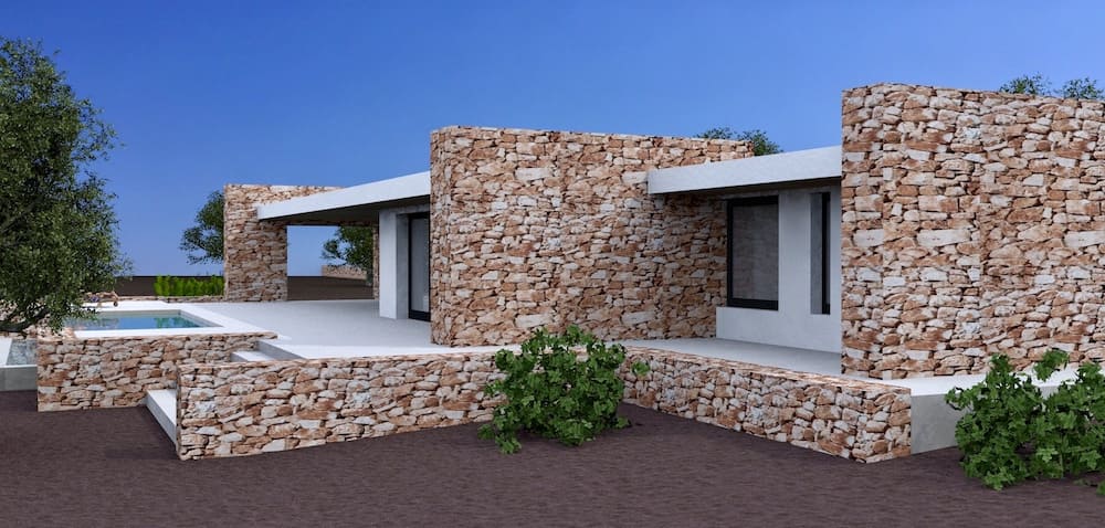 Villa in legno carovigno brindisi, render di progetto, spazio esterno e zona piscina