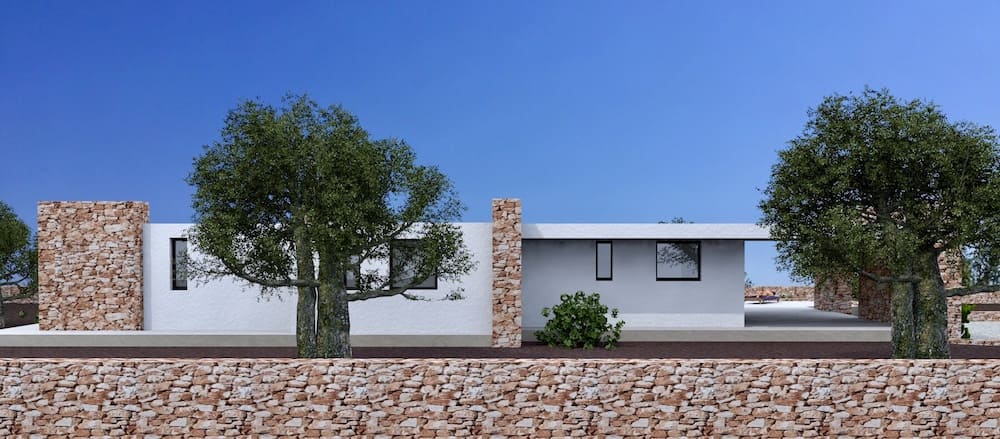Villa in legno Brindisi, carovigno, render di progetto, vista sul retro