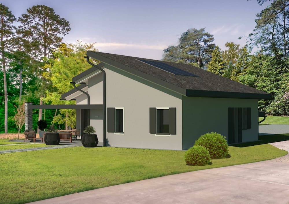 Villa in legno grezzo avanzato travedona monate, render vista dal giardino